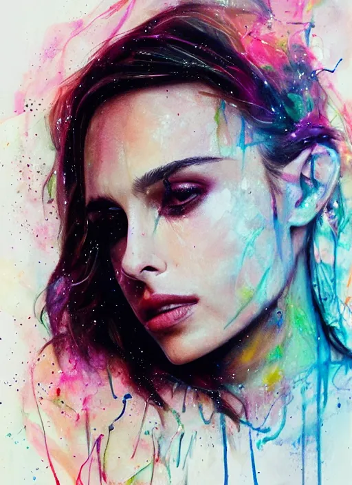 Image similar to nathalie portman by agnes cecile, pastel light colours, ink drips, autumn lights