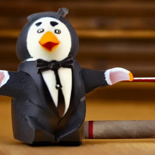 Image similar to cinematic shot of an anthropomorphic penguin wearing a suit and tie and holding a cigar in an office, very detailed, very intricate,