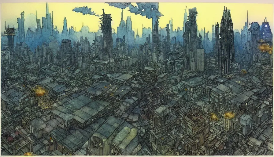 Prompt: hyperrealist studio ghibli watercolor fantasy concept art of destroyed megapolis. it is a misty starry night. by rebecca guay, michael kaluta, charles vess