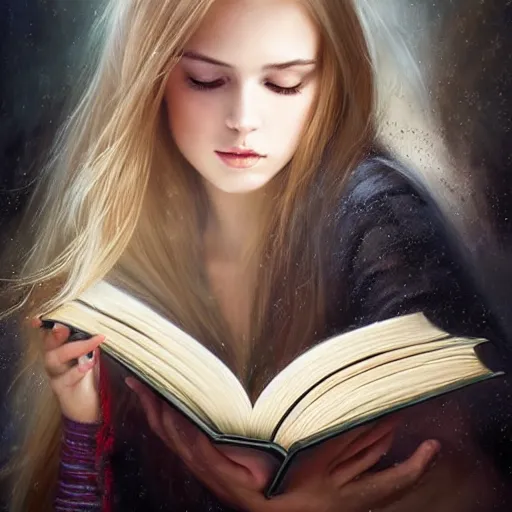 Image similar to a girl reading a book, hair flowing down, 8 k, hyperrealistic, hyperdetailed, fantasy portrait by laura sava