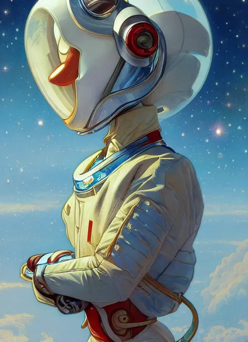 Image similar to Donald Duck as an astronaut, woman, fantasy, intricate, elegant, highly detailed, centered, digital painting, artstation, concept art, smooth, sharp focus, illustration, art by artgerm and donato giancola and alphonse mucha