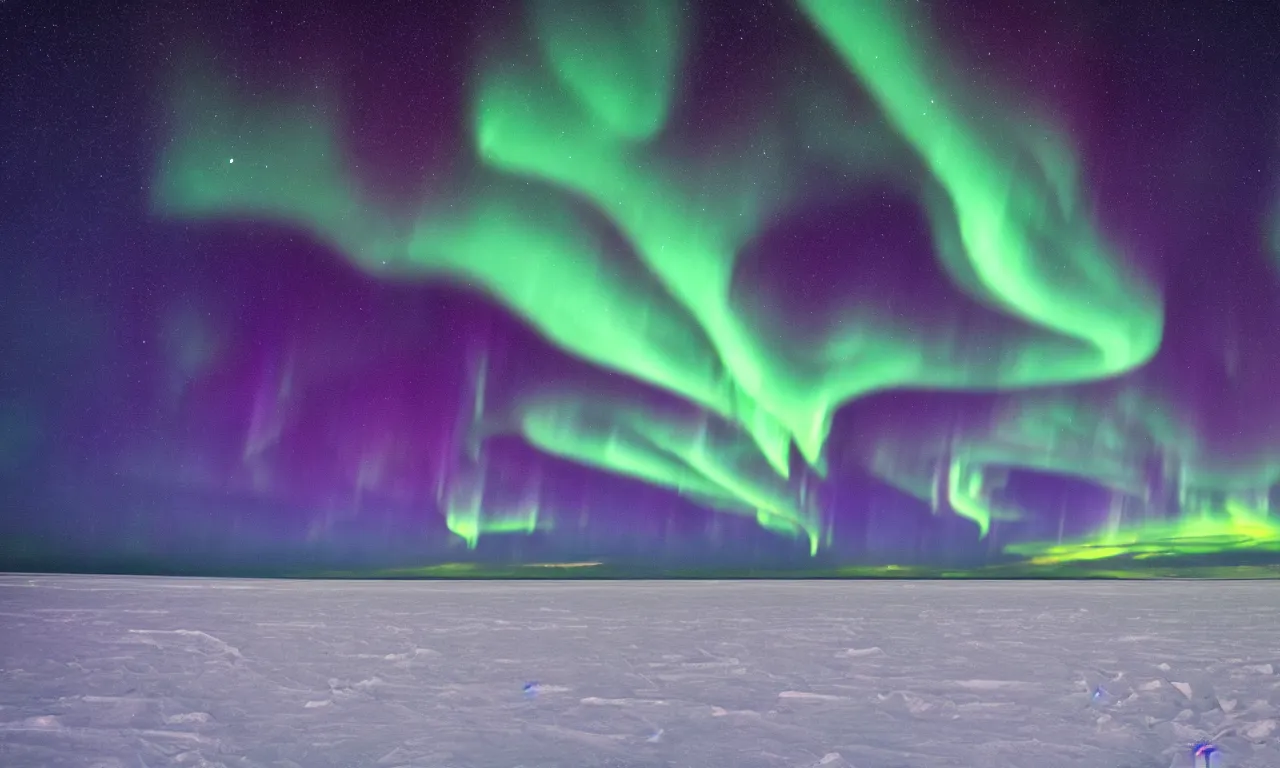 Prompt: Surreal image of beautiful Aurora Borealis in sky over frozen sea coast at night