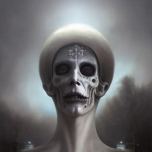 Image similar to By Tom Bagshaw and Boris Vallejo, ultra realist soft painting of a cemetery by night, centered fading Muerte fully dressed, horror, omnious sky, symmetry accurate features, very intricate details, black and white, volumetric light clouds