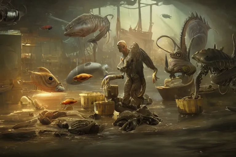 Image similar to a man sell fishes, alien fishes by jean - baptiste monge, high quality, high resolution, 4 k, painted by cgsociety, rutkowski, gurney with ambient lighting, concept art, detailed, smooth, dynamic volumetric cinematic lighting, octane, raytrace