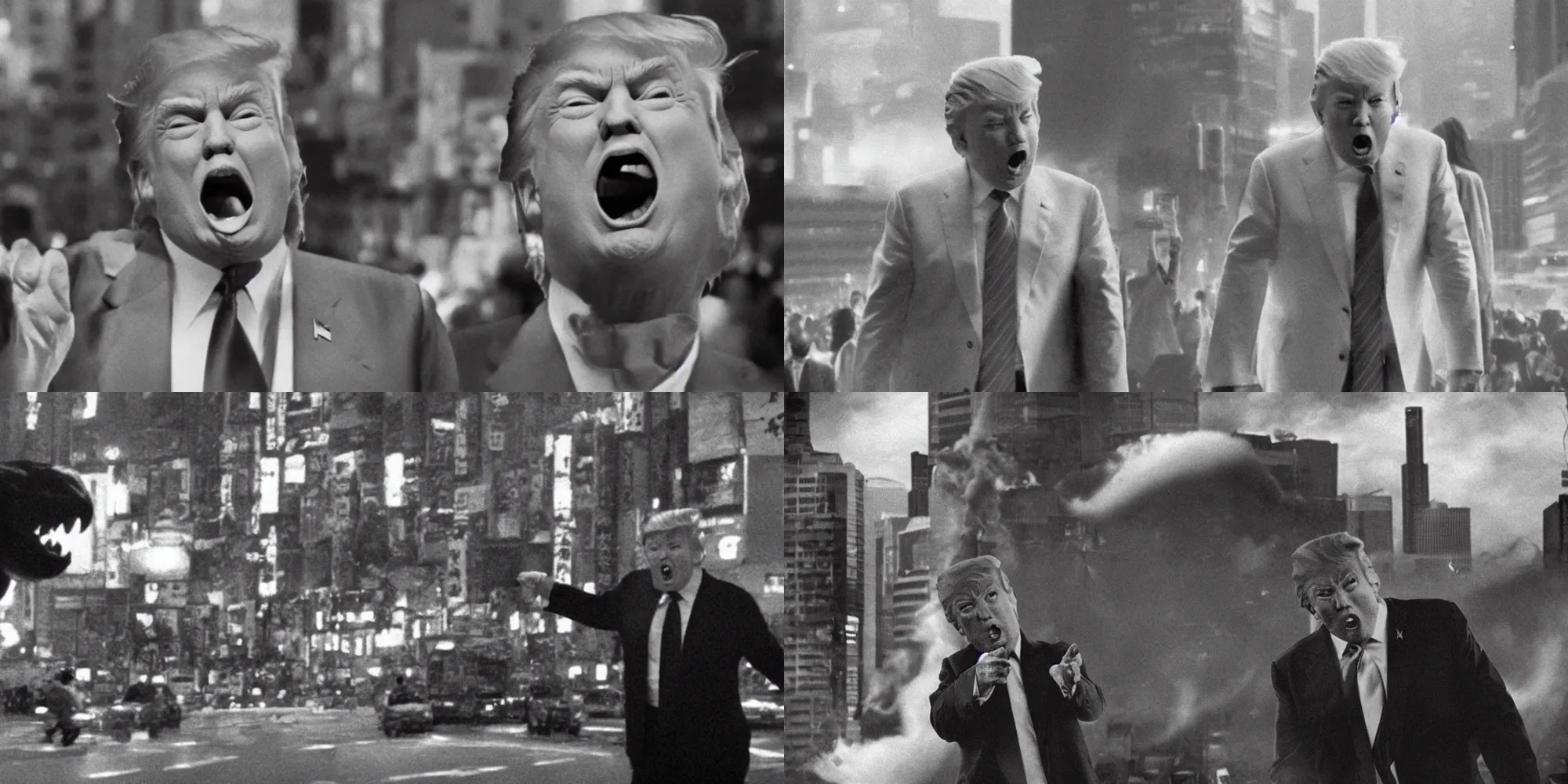 Prompt: monster donald trump attacking tokyo, movie still, film grain