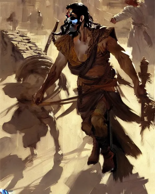 Prompt: fantasy concept art by anders zorn and craig mullins depicting colin farrell as an ancient egyptian rogue running through a busy oriental market