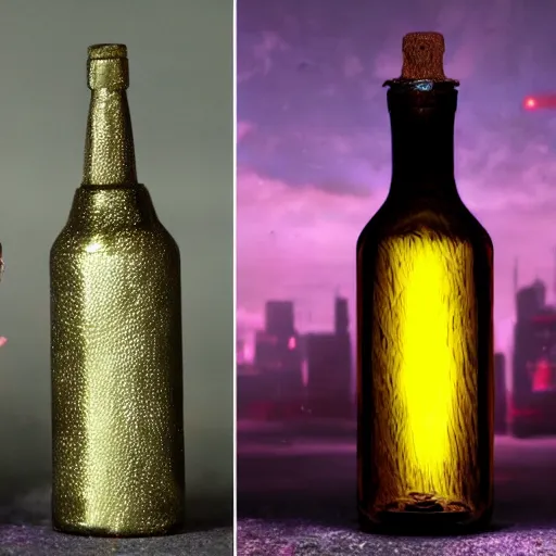 Prompt: Two magical bottles, the left bottle is filled with a fantasy world, the right bottle is filled with a cyberpunk world