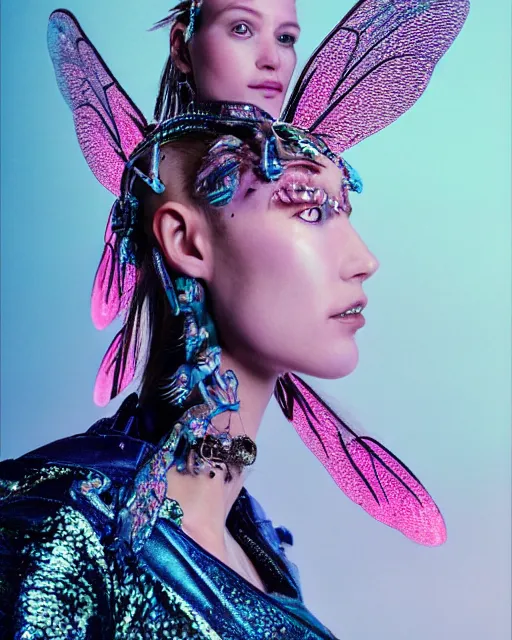 Image similar to natural light, soft focus portrait of a cyberpunk anthropomorphic dragonfly with soft synthetic pink skin, blue bioluminescent plastics, smooth shiny metal, elaborate ornate head piece, piercings, skin textures, by annie leibovitz, paul lehr