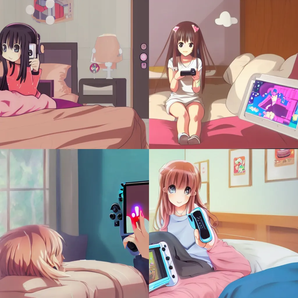 Prompt: cute art of anime girl playing with nintendo switch inside a bedroom