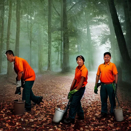 Image similar to closeup portrait of cleaners trying to hold back the falling leaves in a forest, detailed face, by Steve McCurry and David Lazar, CANON Eos C300, ƒ5.6, 35mm, 8K, medium-format print