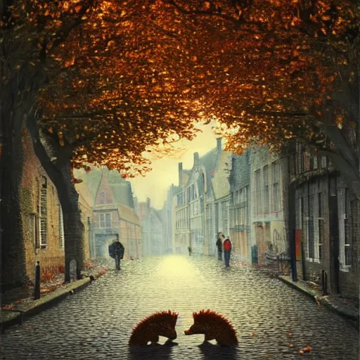 Image similar to 2 hedgehogs walking across the street next to eachother in Bruges, Belgium, in the style of Greg Rutkowski, autumn, evening, romantic