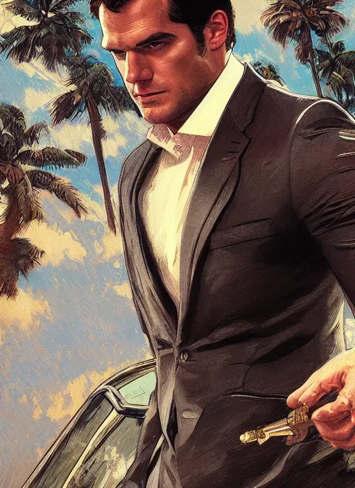 Image similar to portrait of henry cavill as james bond, key art, palm trees, vintage aston martin, highly detailed, digital painting, artstation, concept art, cinematic lighting, sharp focus, illustration, by gaston bussiere alphonse mucha