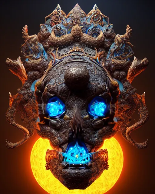 Image similar to 3 d ornate carved dark cosmic king with profile portrait, sigma 5 0 0 mm f / 5. beautiful intricate highly detailed quetzalcoatl skull. bioluminescent, plasma, lava, ice, water, wind, creature, thunderstorm! artwork by tooth wu and wlop and beeple and greg rutkowski, 8 k trending on artstation