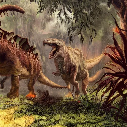 Prompt: Multiple dinosaur families walking through the ancient prehistoric terrain in the lush evergrowing overgrown humid brush detailed high quality cartoon drawing for a teenage horror movie.