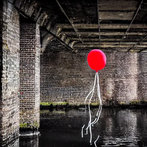 Image similar to down in the sewers of london, dark damp atmosphere, water dripping from the moss covered ceiling, a red balloon with a string attached is floating above the water