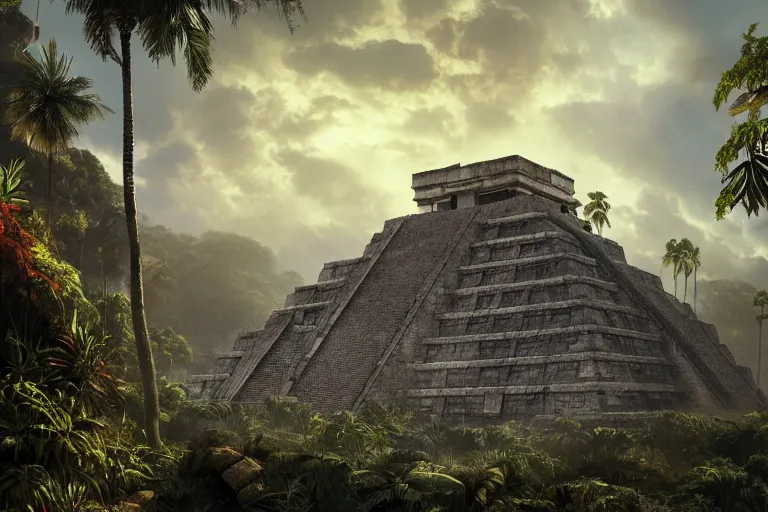 Prompt: brutalist mayan temple in the jungle, beautiful dynamic lighting, cinematic, wide angle establishing shot, extremely high detail, photo realistic, cinematic lighting, post processed, concept art, artstation, matte painting, style by eddie mendoza, raphael lacoste, alex ross