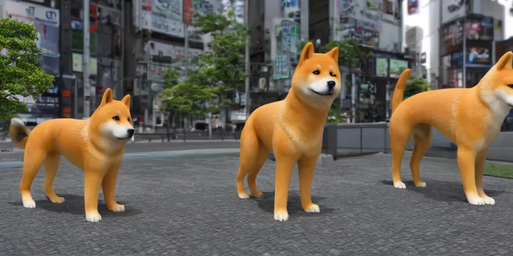 Image similar to a highly detailed render of a giant shiba inu standing in tokyo, hyperrealistic, realistic, 8 k, made in unreal engine 5