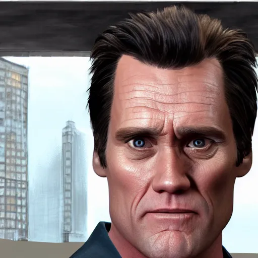 Prompt: hyper - realistic portrait of jim carrey in a gta game, concept art, 3 d, 4 k