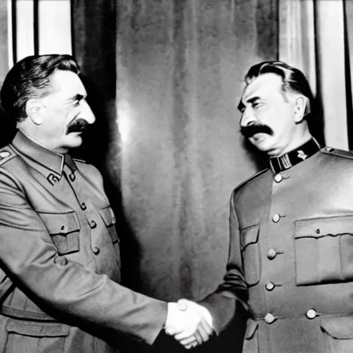 Image similar to color photo of stalin and trump shaking hands, award winning photo, 3 5 mm camera