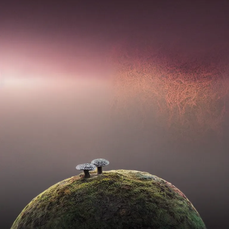 Image similar to a planet of various fungus, mushrooms and plants, inside the picture is infinity, sunset light, Atmospheric phenomenon, artistic photography, muted colors, conceptual, long exposure outside the city, volumetric light