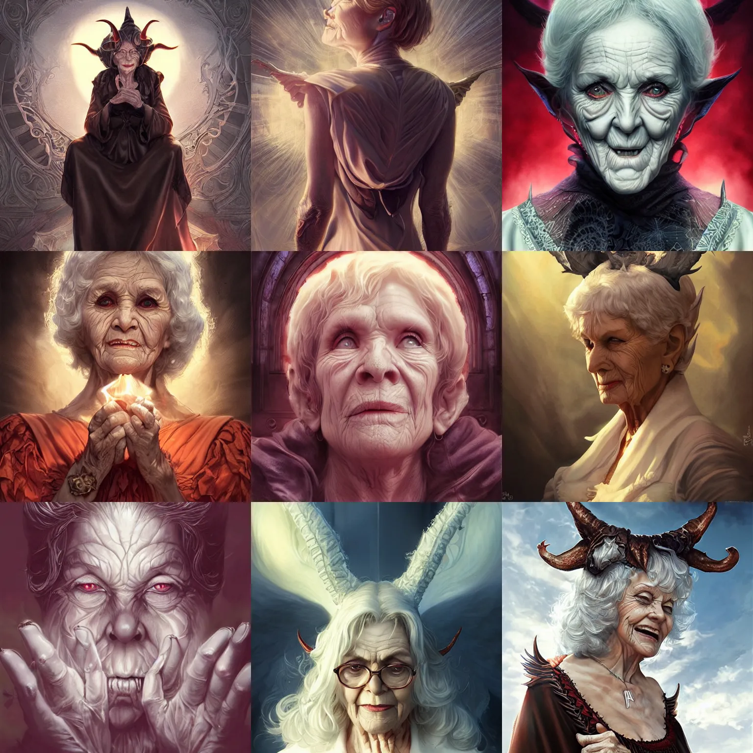 Prompt: a satanic old woman grandmother devil lucifer sweet by artgerm, sunny day, highly detailed, perfect lighting, perfect composition, symmetry, detailed features, 4 k, by alan lee, by derek zabrocki, by greg rutkowski
