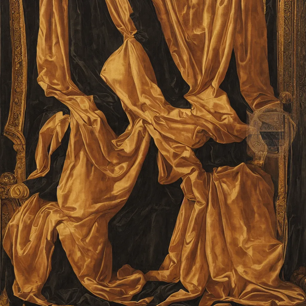 Image similar to Large black man sitting on throne wrapped in silk, background made of large folding curtains, dimly lit, dark, renaissance painting, style of carrivagio