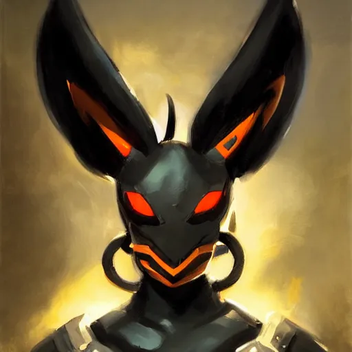 Image similar to greg manchess portrait painting of partially armored umbreon as overwatch character, medium shot, asymmetrical, profile picture, organic painting, sunny day, matte painting, bold shapes, hard edges, street art, trending on artstation, by huang guangjian, gil elvgren, ruan jia, greg rutkowski, gaston bussiere