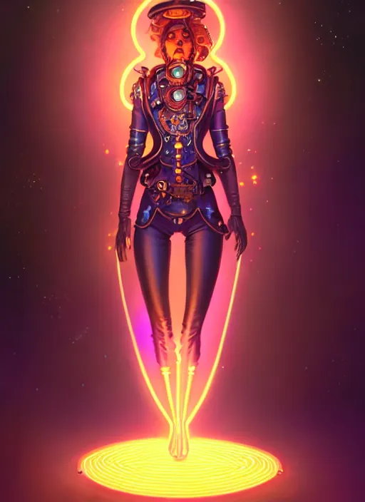 Image similar to a steampunk faceless glowing liquefied stardust adventurer, dnd fantasy character, full body portrait, glowing neon skin, magical aura, ultra realistic, intricate, elegant, highly detailed, digital painting, artstation, smooth, sharp, focus, illustration, art by artgerm and greg rutkowski and alphonse mucha and dan mumford, sacred geometry