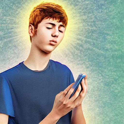 Image similar to a male teenager praying for a divine smartphone in front of him, digital art