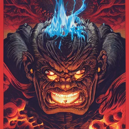 Image similar to portrait of crazy balrog with fire, symmetrical, by yoichi hatakenaka, masamune shirow, josan gonzales and dan mumford, ayami kojima, takato yamamoto, barclay shaw, karol bak, yukito kishiro