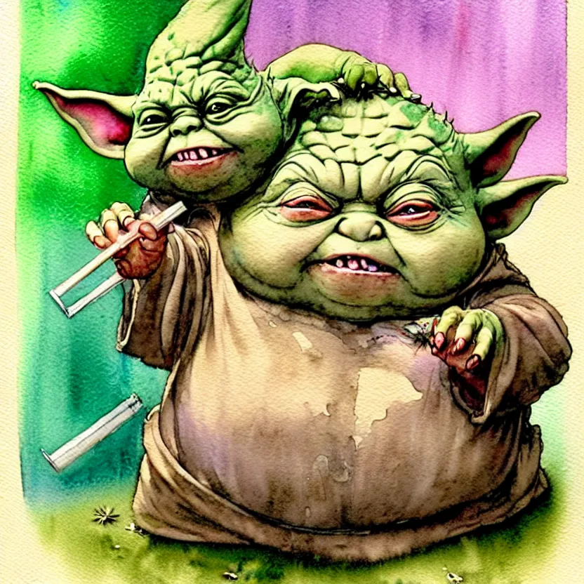 Image similar to a realistic and atmospheric watercolour fantasy character concept art portrait of a fat chibi yoda with pink eyes smiling and holding a blunt with a pot leaf nearby, by rebecca guay, michael kaluta, charles vess and jean moebius giraud