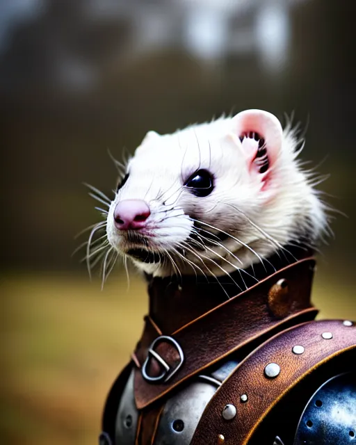 Image similar to ferret warrior, furry, fantasy, viking, high detailed, photography, cloudy, lightweight leather armour, scandinavia, plain, detailed face, look into the distance, serious face, full body, in full growth, professional photographer, masterpiece, 5 0 mm, extremely detailed, 8 k