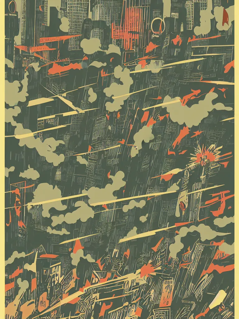 Prompt: tom haugomat style poster illustration of a large retro monster battle above the city, vintage muted colors, some grungy markings