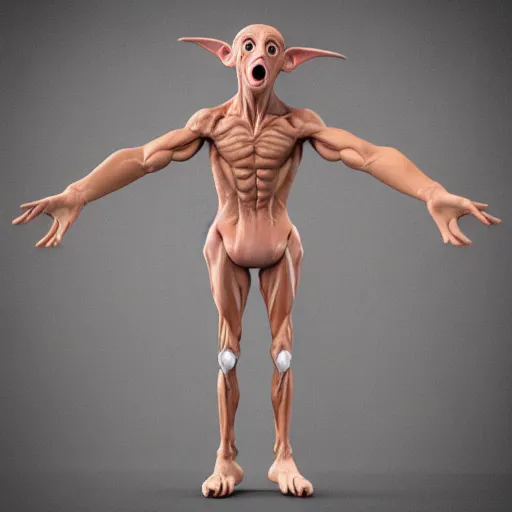 Image similar to 3d rendering of Dobby the House Elf as a screaming body builder, hd 4k