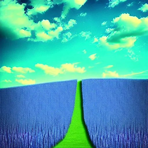 Image similar to a blu field, a green sky, surreal collage