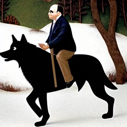 Image similar to George Costanza (from Seinfeld) riding a wolf