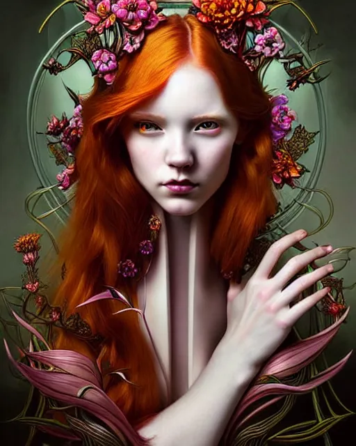 Prompt: Beautiful, evil and playful ethereal ginger portrait, art nouveau, fantasy, intricate flower designs, elegant, highly detailed, sharp focus, art by Artgerm and Mat collishaw and WLOP