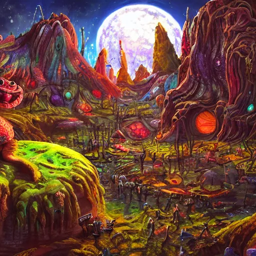 Prompt: happy extraterrestrial family in village on ancient post - apocalyptic planet, jim henson creature shop, vivid and colorful, cinematic, oil painting, highly detailed, illustration