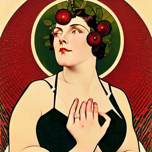 Image similar to Art in the style of Coles Phillips, Gaia, Full figured Mother Earth, portrait, Mucha, Georgia O'Keeffe