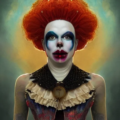 Prompt: photorealistic soft paint of a curiosities carnival, single young beautiful clown dollpunk in a full steampunk corset snakes haircut, symmetry accurate features, ominous depths, elegance, focus, rainbow lighting, very high details, award winning masterpiece, behance, by tom bagshaw