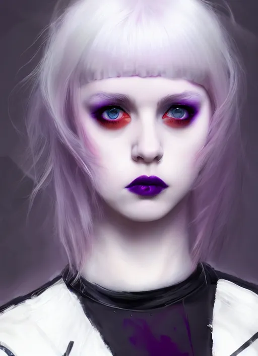 Image similar to portrait of white teenage girl, normal face, white bangs, mall goth, cyberlox, black and white hair, bangs, fluffy bangs, red contact lenses, purple lipstick, intricate, elegant, highly detailed, digital painting, artstation, concept art, sharp focus, smooth, illustration, art by wlop, mars ravelo and greg rutkowski