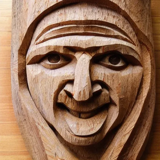 Prompt: an intricate face carved out of wood