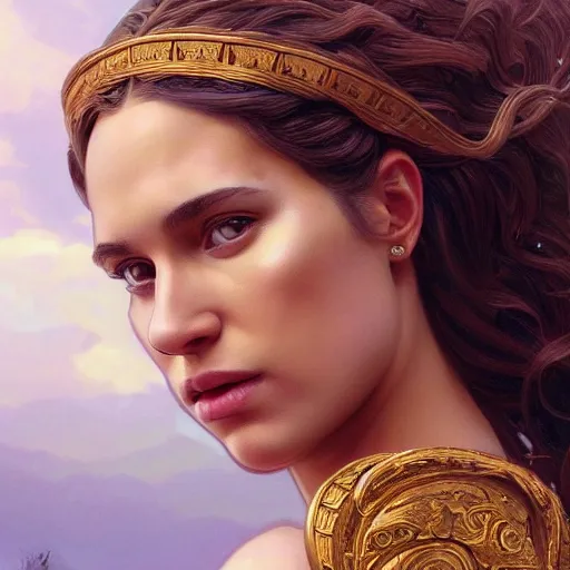 Image similar to portrait of Alicia Vikander as a greek goddess, marble statue, greek mythology, gold crown and filaments, intricate, headshot, highly detailed, digital painting, artstation, concept art, sharp focus, cinematic lighting, illustration, art by artgerm and greg rutkowski, alphonse mucha, cgsociety