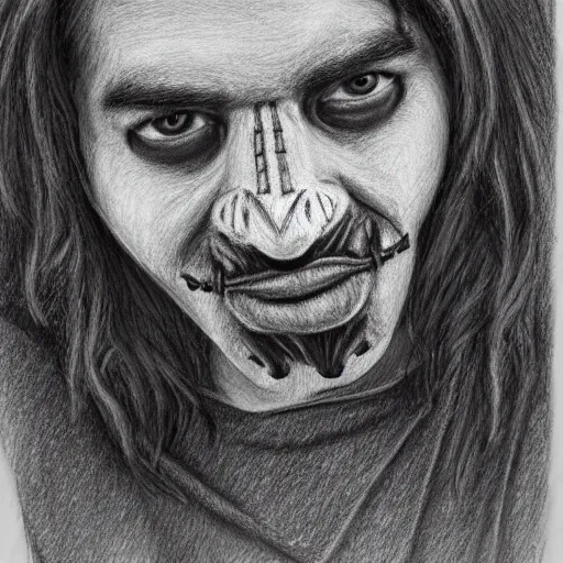 Prompt: professional pencil sketch of a young adult man with slightly long hair wearing a black face mask and an oversized dark sweatshirt and dark sweatpants, high quality, HD, 8K, highly detailed, award-winning