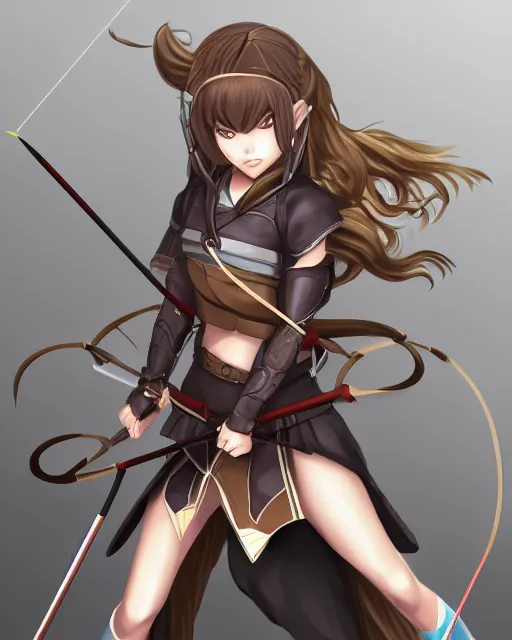 Prompt: anime girl with a bow and arrow, female archer, angry, warrior, realistic, fire emblem heroes archery japanese cartoon woman, artstation trending, concept art, digital painting