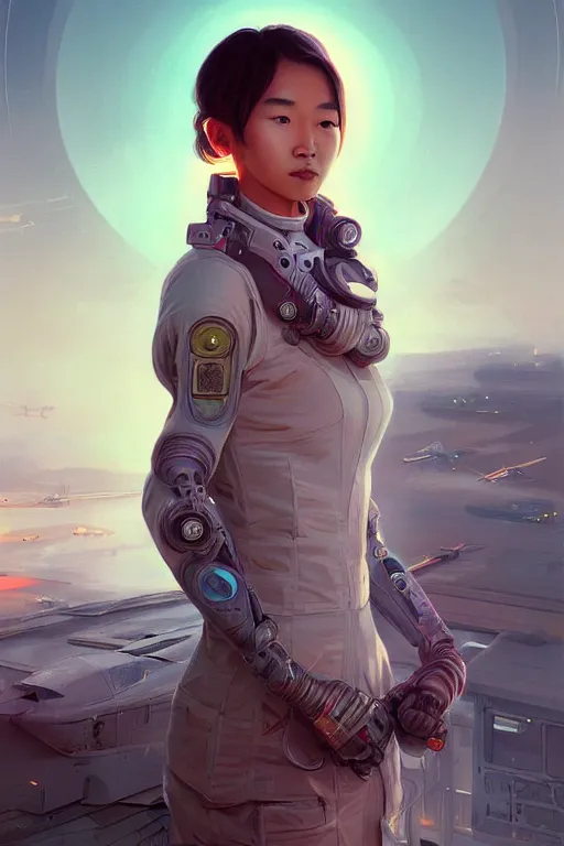 Image similar to portrait futuristic asian airforce girl, looking at the camera, in future airport rooftop , sci-fi, fantasy, intricate, very very beautiful, elegant, human anatomy, neon light, highly detailed, digital painting, artstation, concept art, smooth, sharp focus, illustration, art by tian zi and WLOP and alphonse mucha