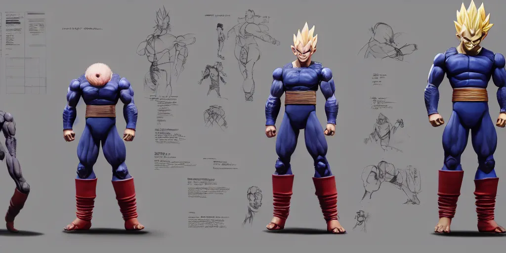 Image similar to realistic vegeta, 3 d model, character sheet, concept design, contrast, kim jung gi, greg rutkowski, zabrocki, karlkka, jayison devadas, trending on artstation, 8 k, ultra wide angle, pincushion lens effect