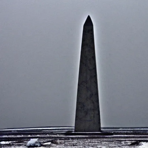 Prompt: a large obelisk on a flat plain of ice. grainy, overcast sky, snowing.