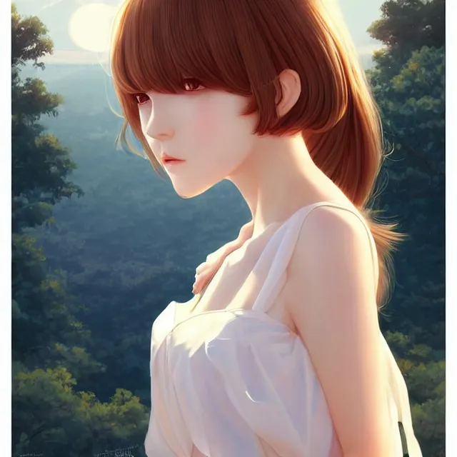 Image similar to infinitely detailed full - body portrait pale female peaceful dream angel wearing elegant clothes. beautiful! scenery art! by wlop & murata range, by ilya kuvshinov. artstation!! / pixiv!!