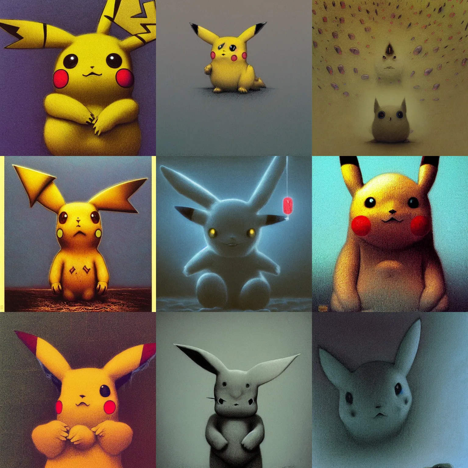 Prompt: detailed!!! very close detailed image of pikachu by beksinski